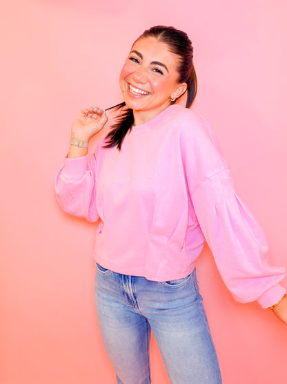PUFF SLEEVE PLEATED TOP - BUBBLE GUM
