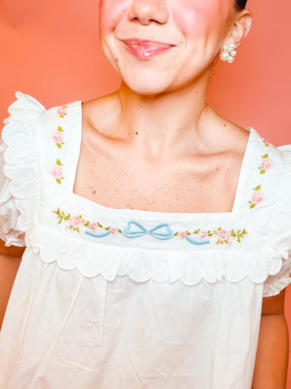 EMBROIDERED SQUARE NECK TOP & SHORT SET - WHITE