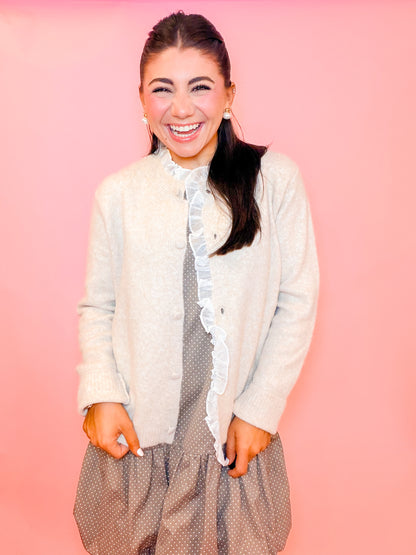 RUFFLE DETAIL SWEATER JACKET - LT TAUPE