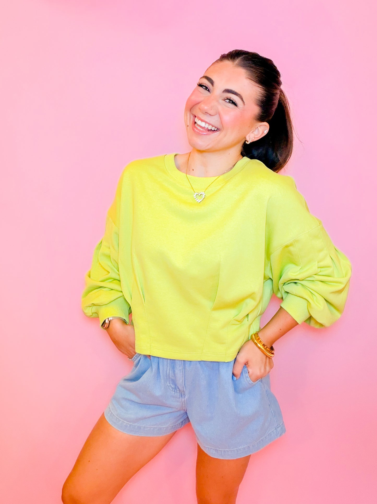 PUFF SLEEVE PLEATED TOP - CHARTREUSE