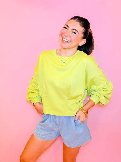 PUFF SLEEVE PLEATED TOP - CHARTREUSE