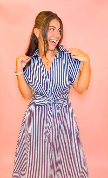 STRIPED WAIST TIE MIDI DRESS