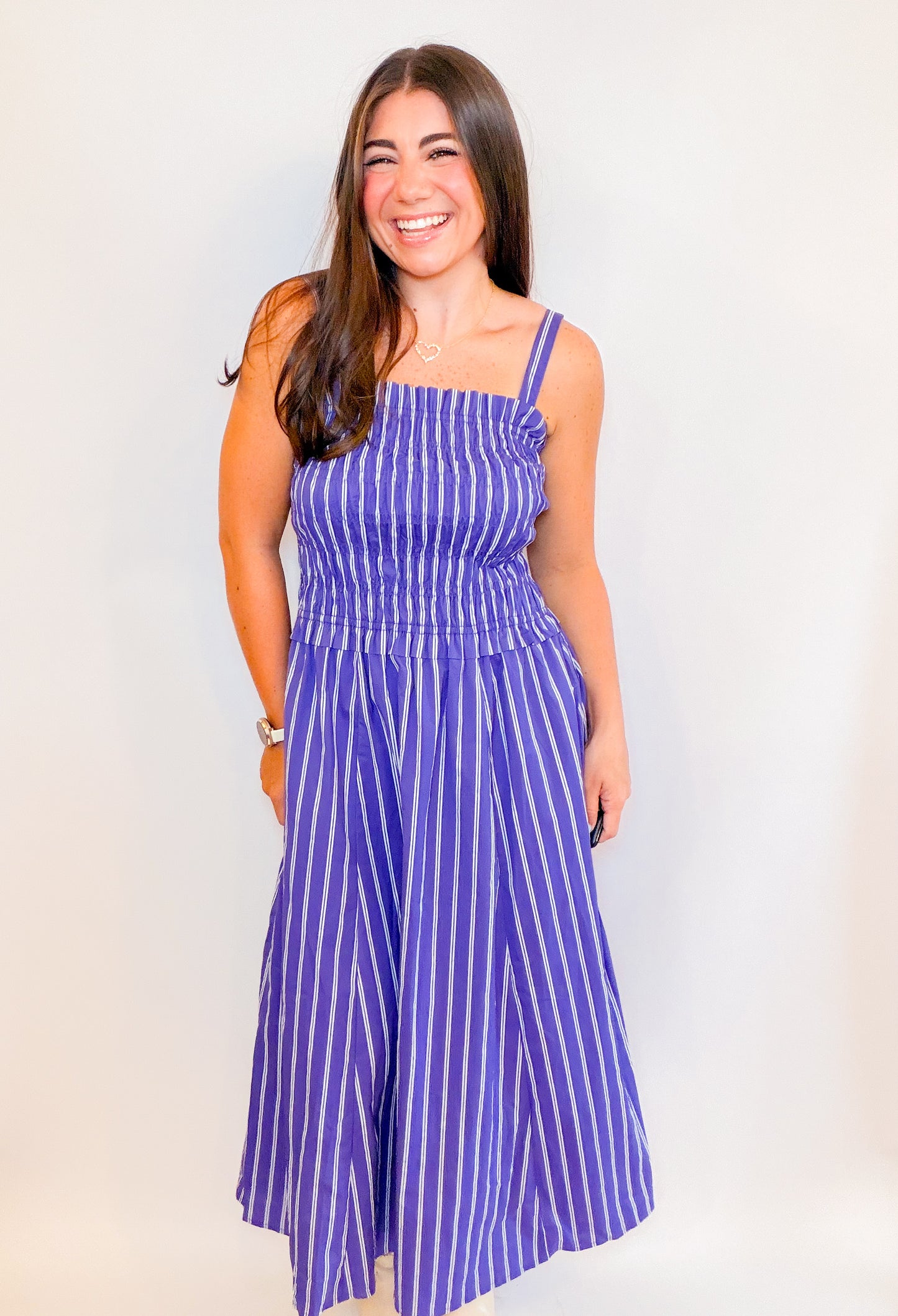 STRIPED MIDI DRESS WITH SMOCKED BODICE