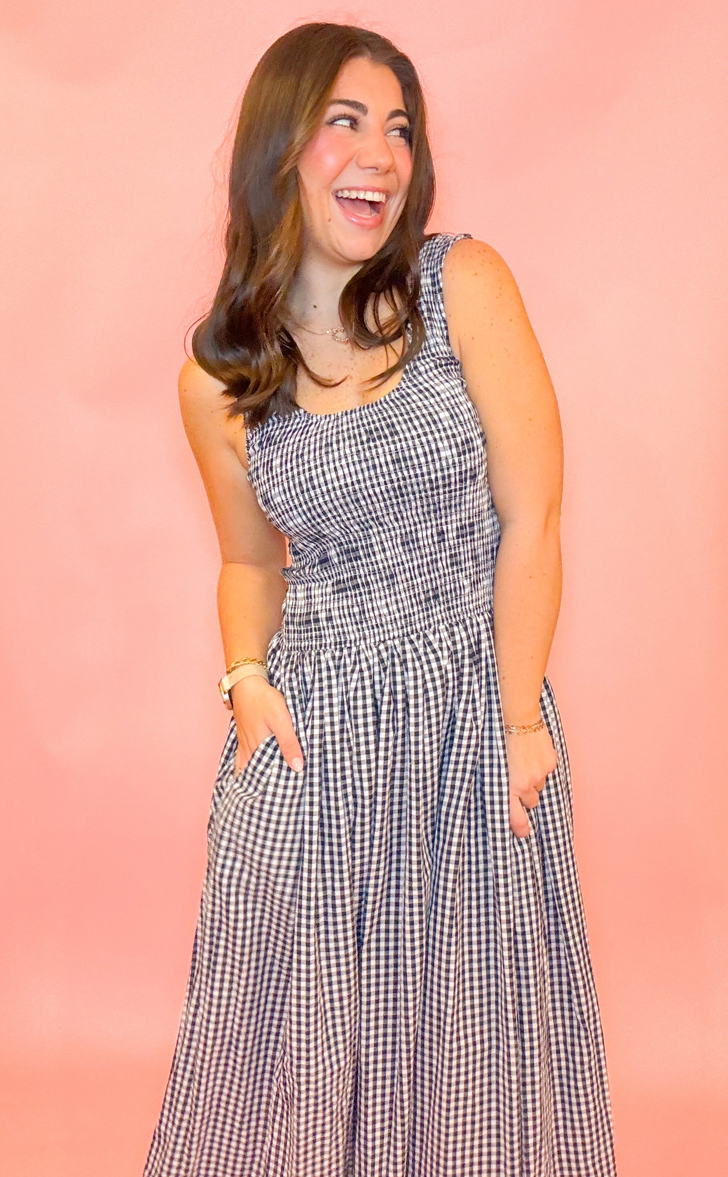 GINGHAM SMOCKED MIDI DRESS