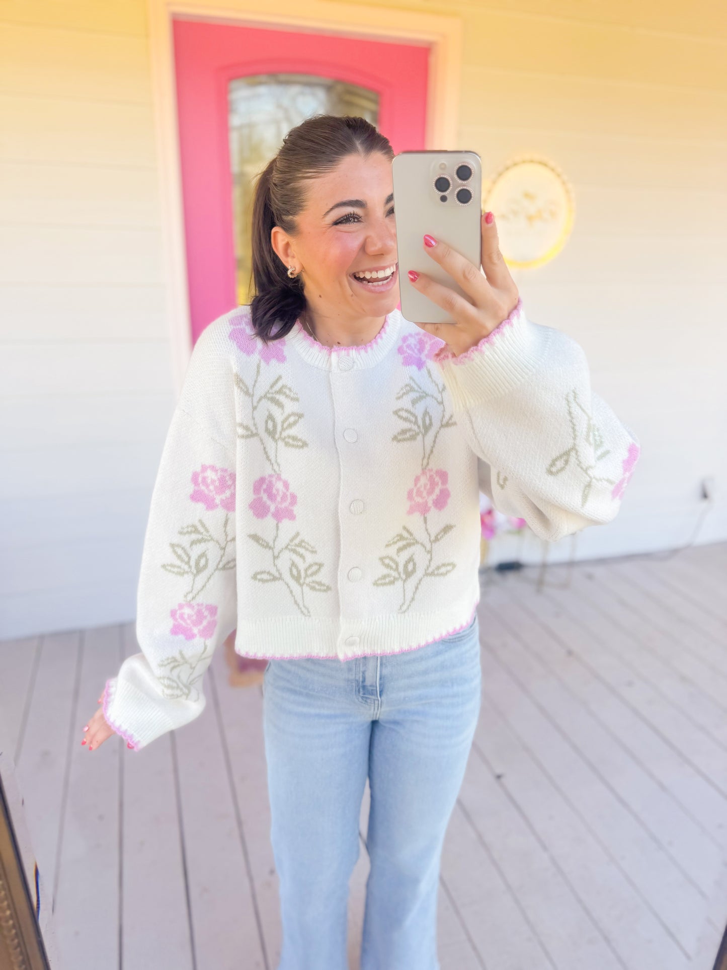 FLORAL STEM BUTTON UP SWEATER