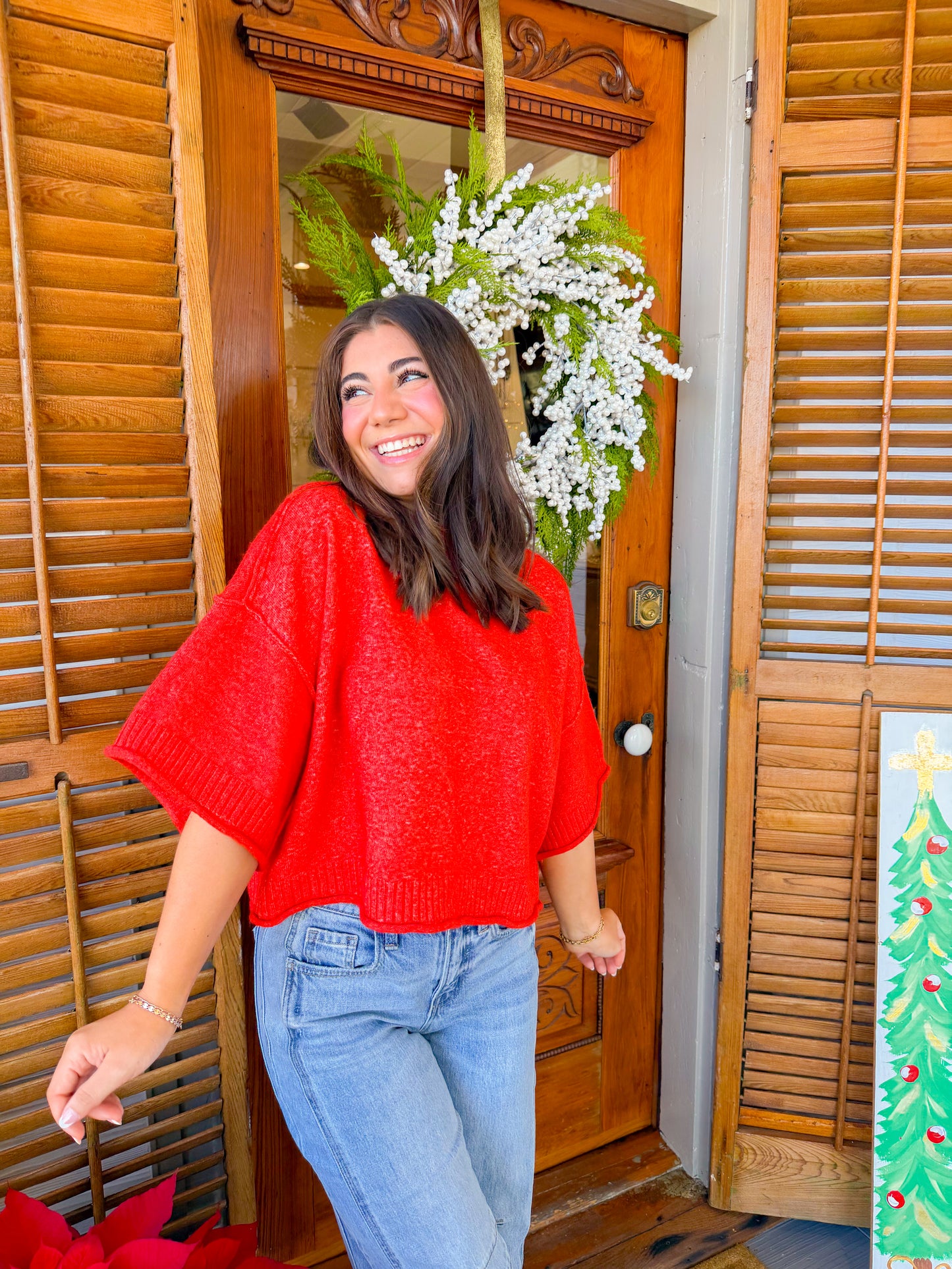 MOCK NECK SHORT SLEEVE SWEATER - RED