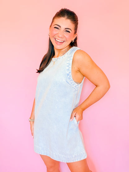 HIGH NECK LOW BACK DENIM DRESS