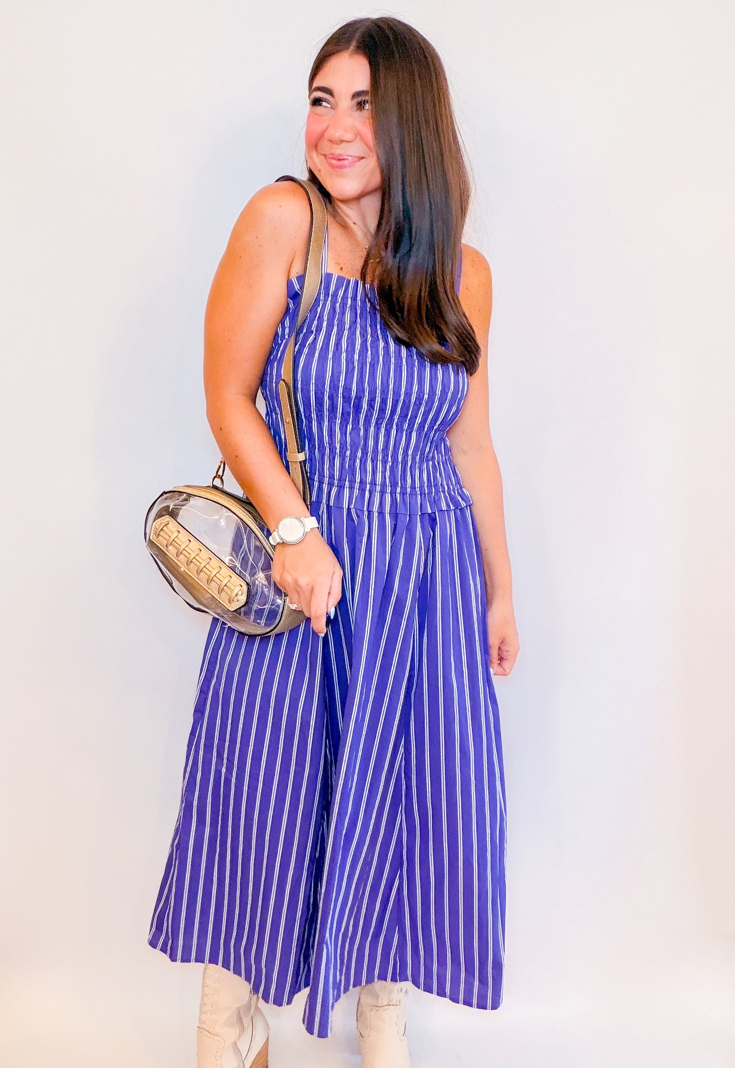STRIPED MIDI DRESS WITH SMOCKED BODICE