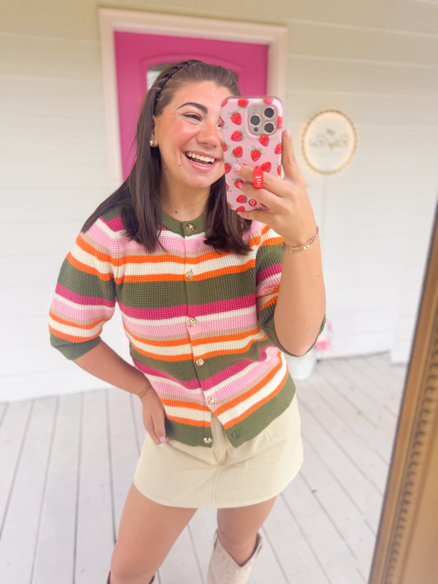 SHORT SLEEVE MULTI STRIPE KNIT TOP