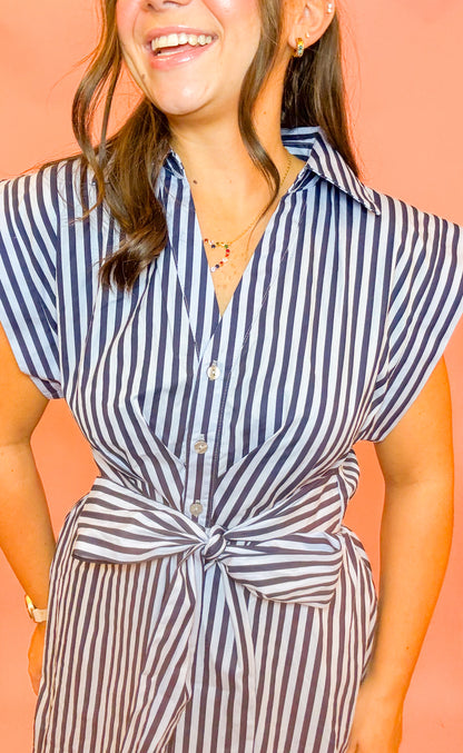STRIPED WAIST TIE MIDI DRESS