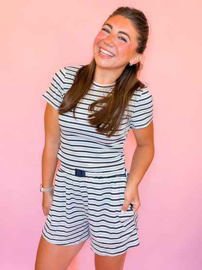 STRIPED RIBBED LOUNGE TOP + SHORTS SET - NAVY/BLUE