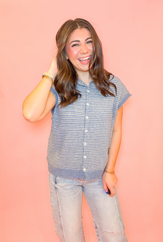 STRIPED PIPER VEST CARDIGAN - DUSTY BLUE