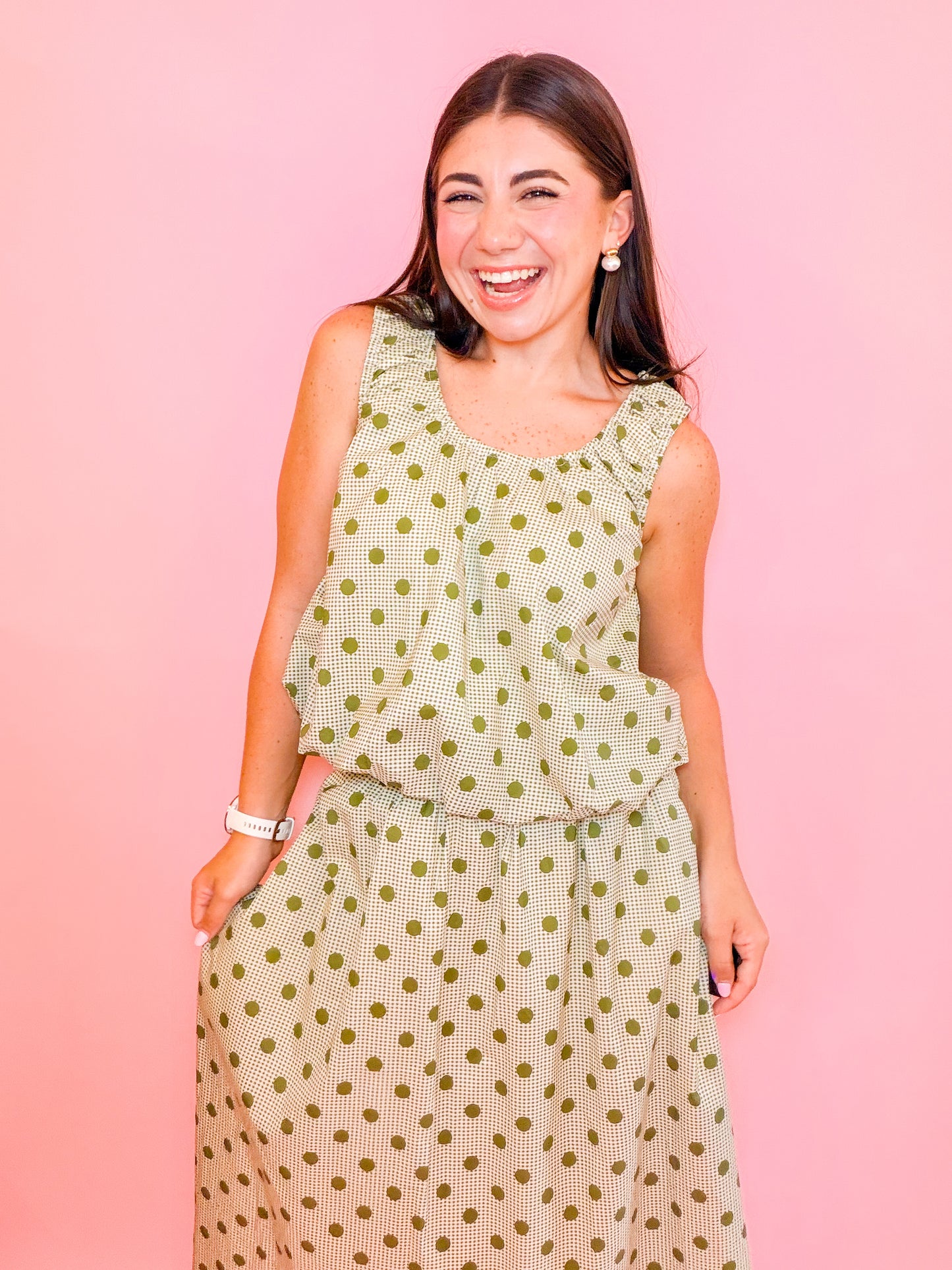 POLKA DOT BUBBLE TANK - OLIVE