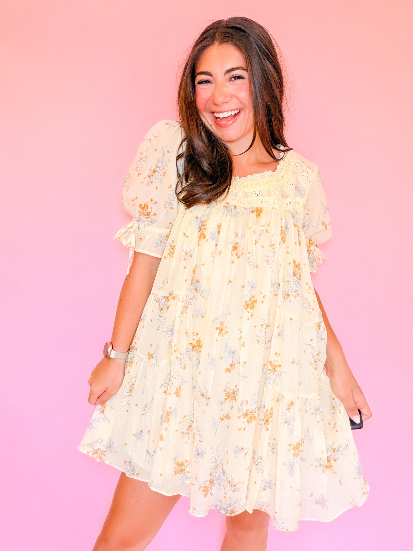 CROCHET FLORAL TIERED DRESS - BUTTER