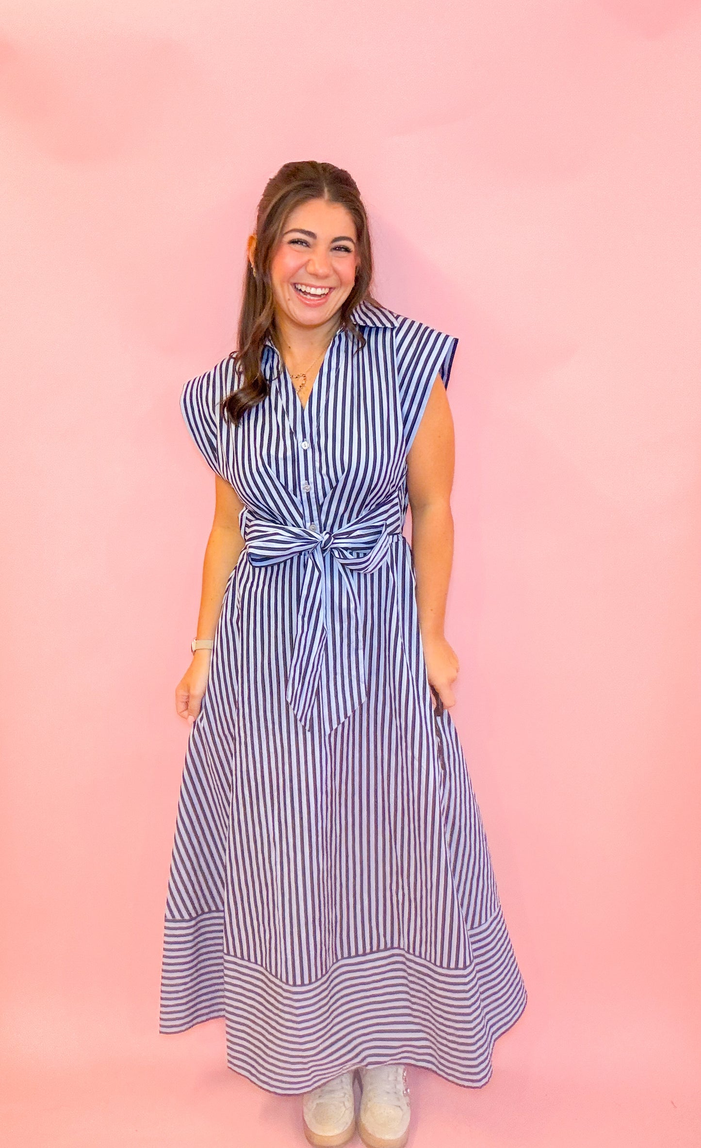 STRIPED WAIST TIE MIDI DRESS