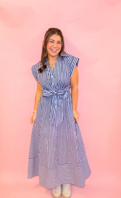 STRIPED WAIST TIE MIDI DRESS