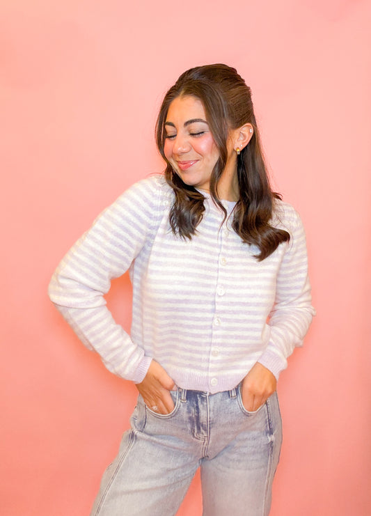 STRIPED SWEATER CARDIGAN - LAVENDER