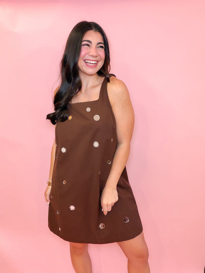 MIRROR EMBELLISHED A-LINE MINI DRESS - CHOCOLATE