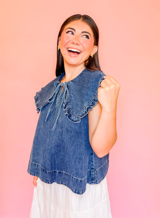 SLEEVELESS DENIM TOP WITH COLLAR