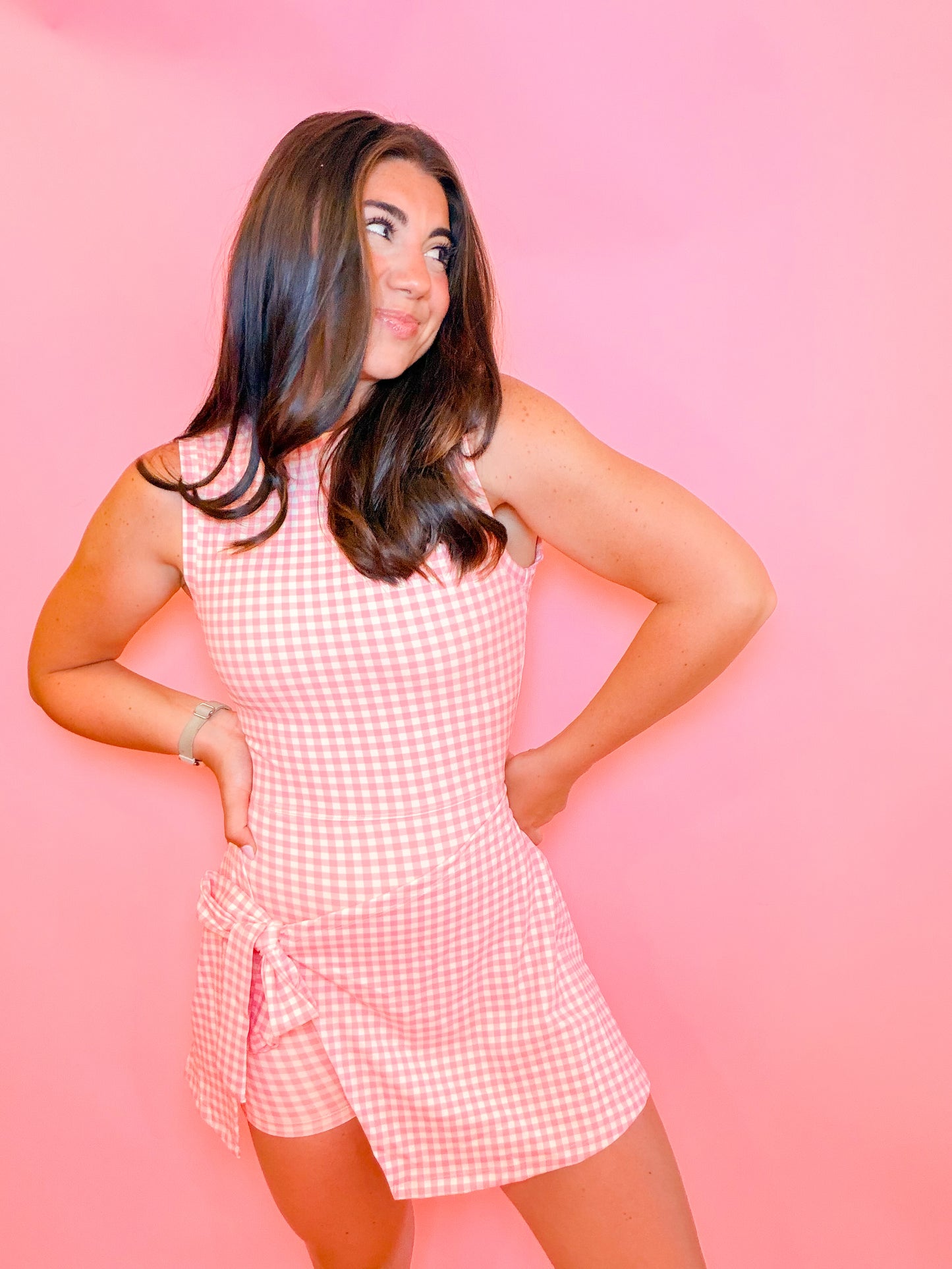 SLEEVELESS WRAP TIE ATHLETIC DRESS - PINK GINGHAM