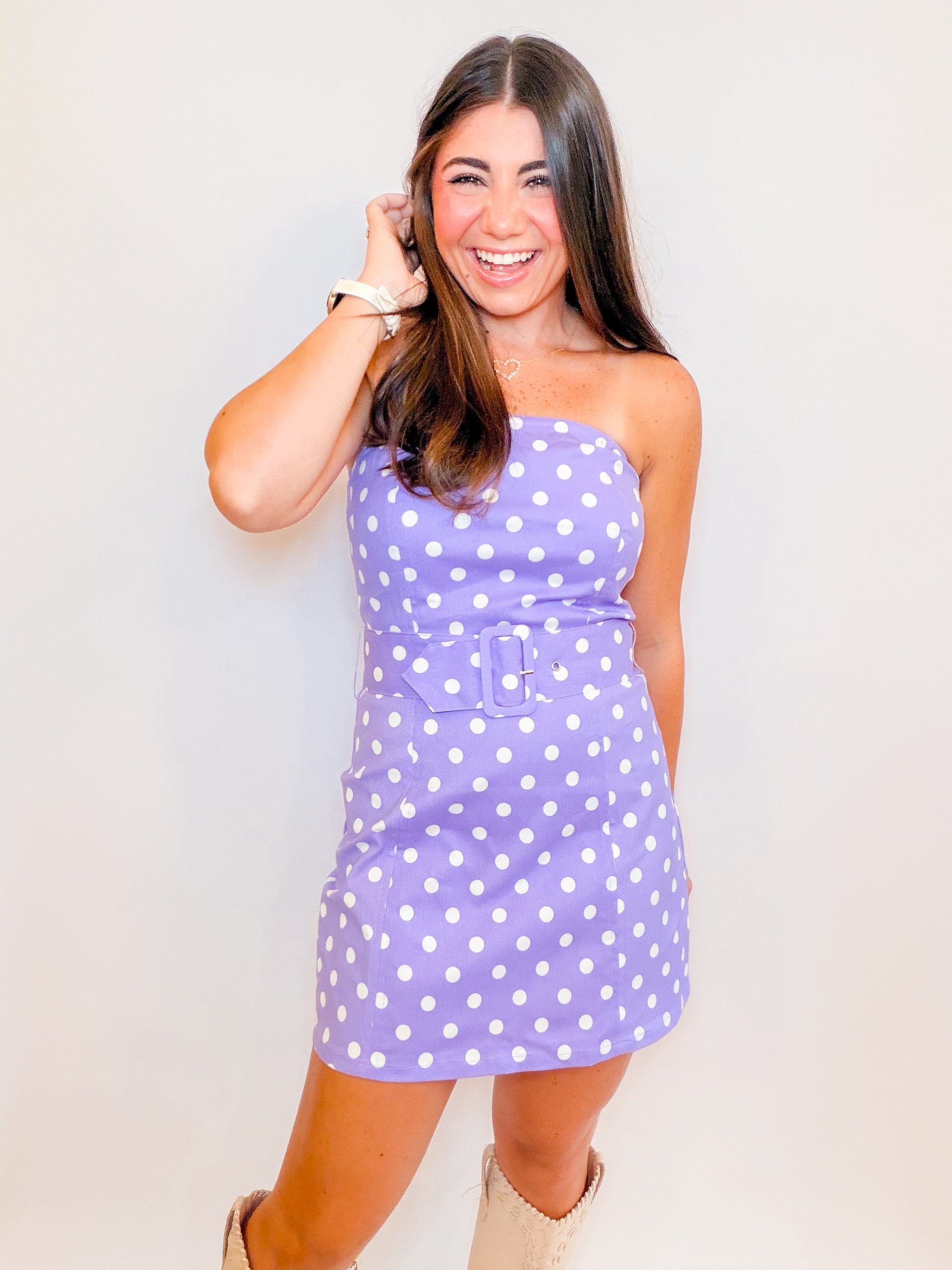 STRAPLESS POLKA DOT DENIM MINI DRESS WITH BELT
