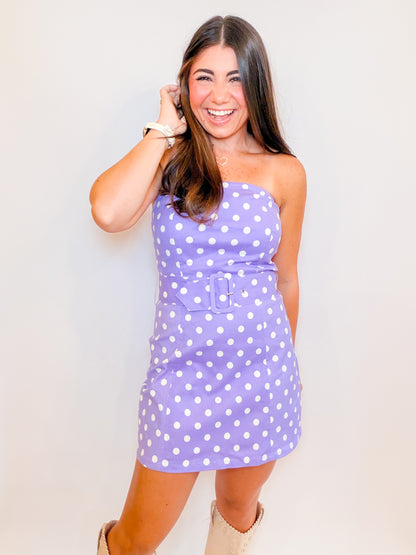 STRAPLESS POLKA DOT DENIM MINI DRESS WITH BELT