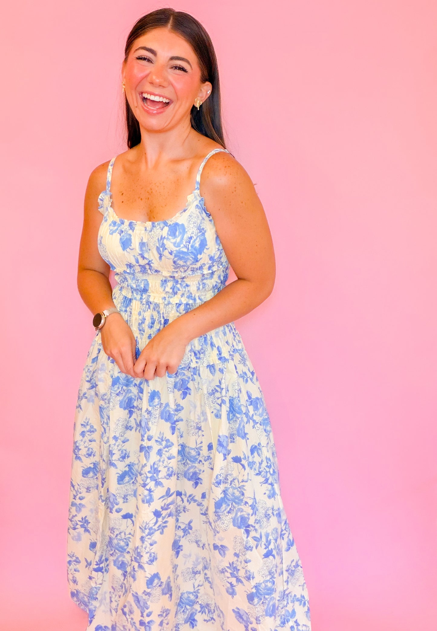 SMOCKED WAIST MIDI DRESS - BUTTER/BLUE