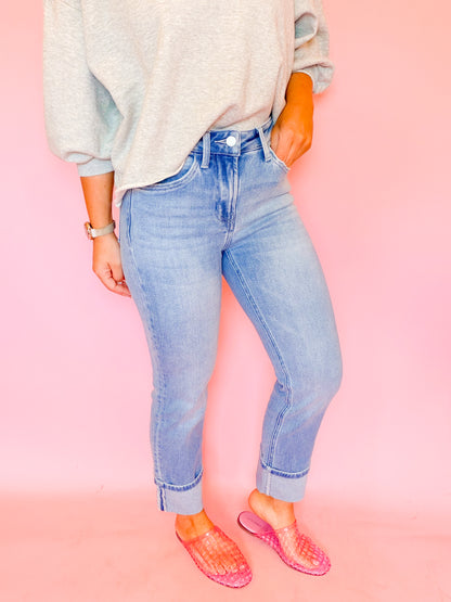 HIGH RISE CROP SLIM STRAIGHT DENIM - CUFFS