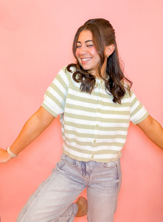 SHORT SLEEVE CREW NECK STRIPED SWEATER - SAGE