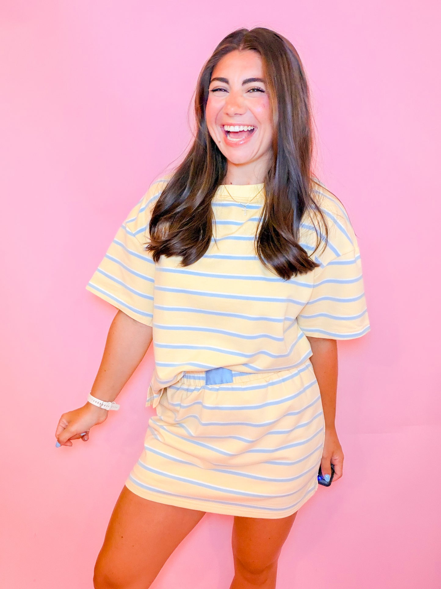 STRIPED LOUNGE TOP & MINI SKORT SET - YELLOW/BLUE