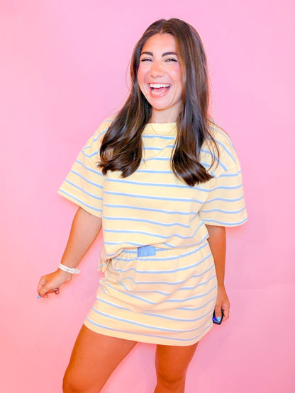 STRIPED LOUNGE TOP & MINI SKORT SET - YELLOW/BLUE