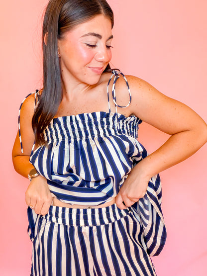 STRIPED SPAGHETTI TOP + HIGH WAISTED SHORTS SET