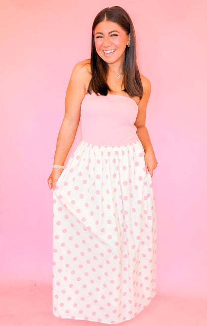 STRAPLESS KNIT & WOVEN POLKA DOT TUBE MIDI DRESS