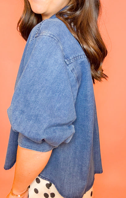 PUFF SLV BUTTON DOWN DENIM TOP