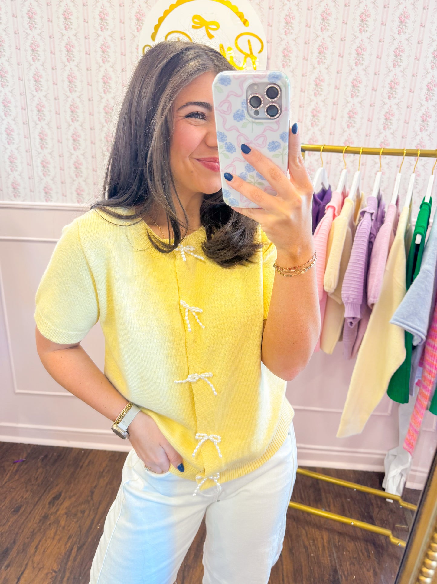 PEARL BOW SHORT SLV SWEATER