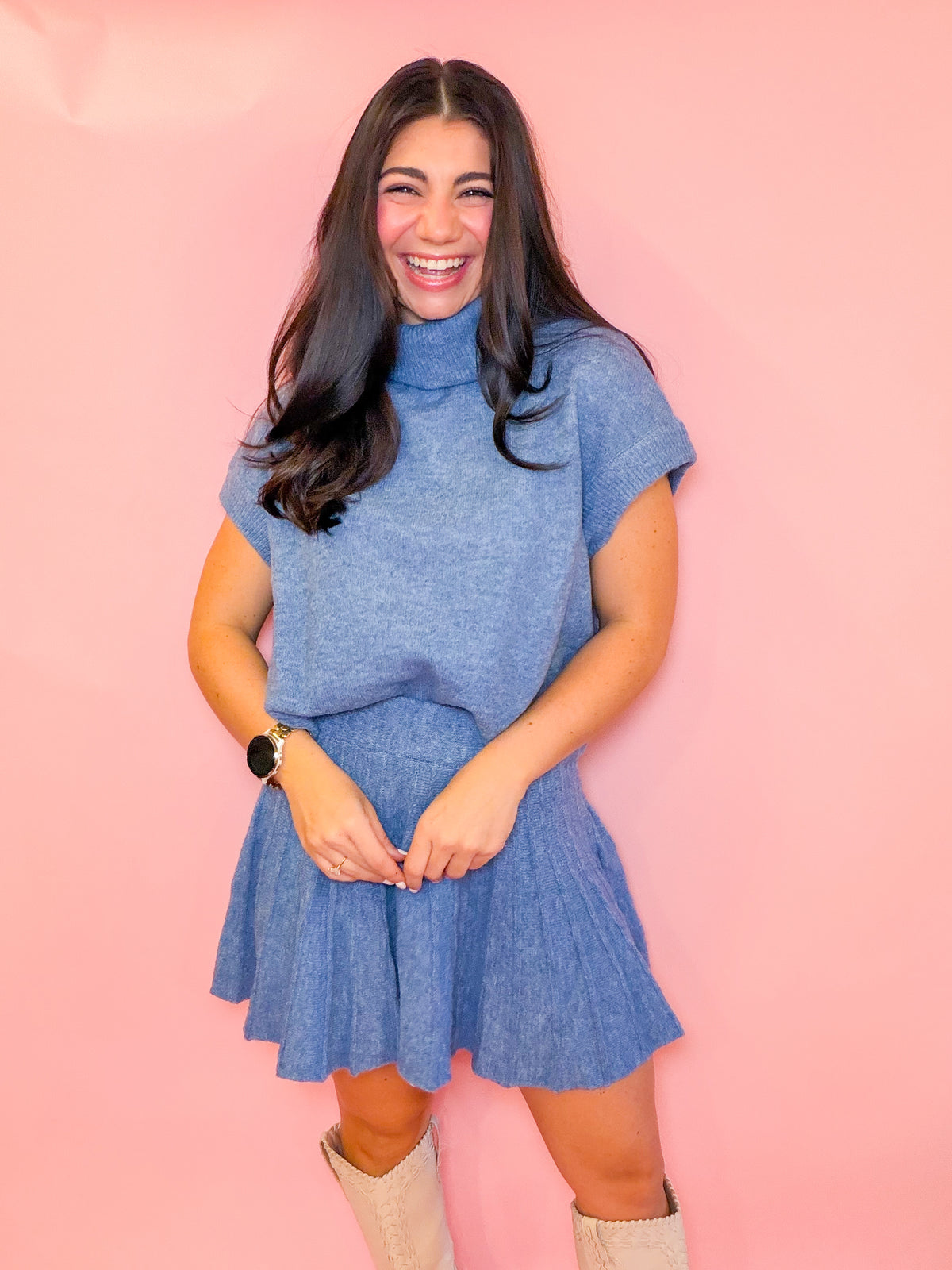 TURTLENECK TOP + PLEATED SKIRT SET - DUSTY BLUE