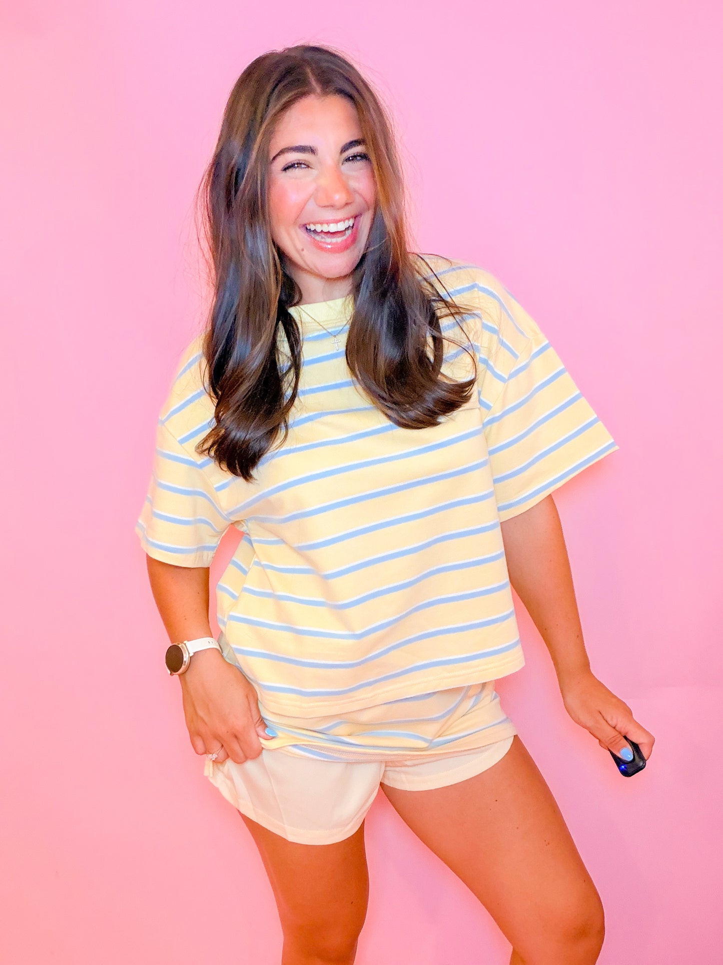 STRIPED LOUNGE TOP & MINI SKORT SET - YELLOW/BLUE