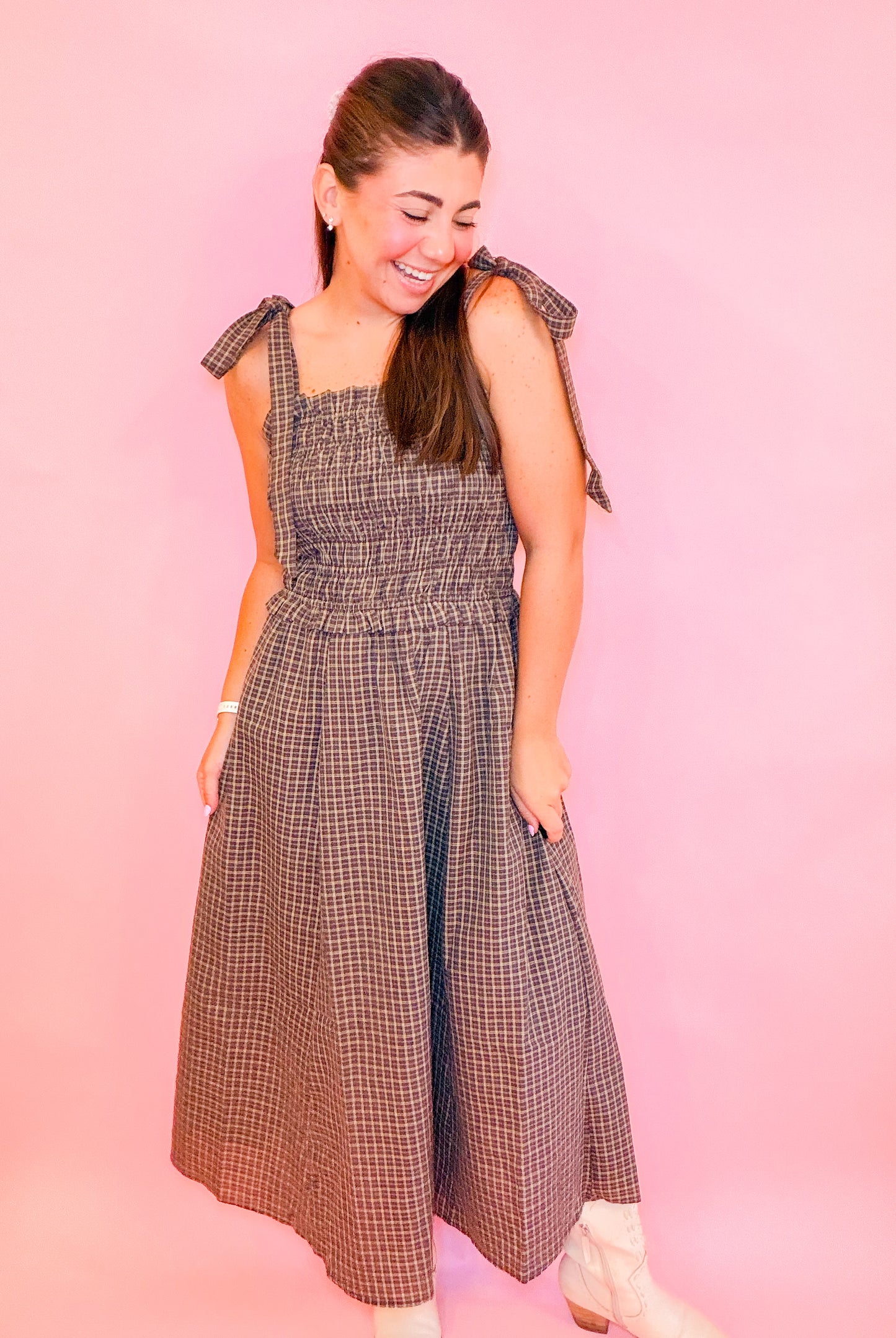 PLAID SMOCKED MIDI DRESS WITH SHOULDER TIE