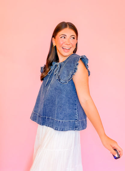 SLEEVELESS DENIM TOP WITH COLLAR