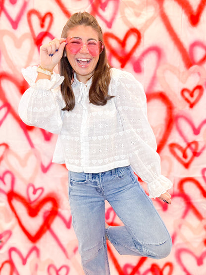 EYELET EMBROIDERY TOP WITH SCALLOP COLLAR