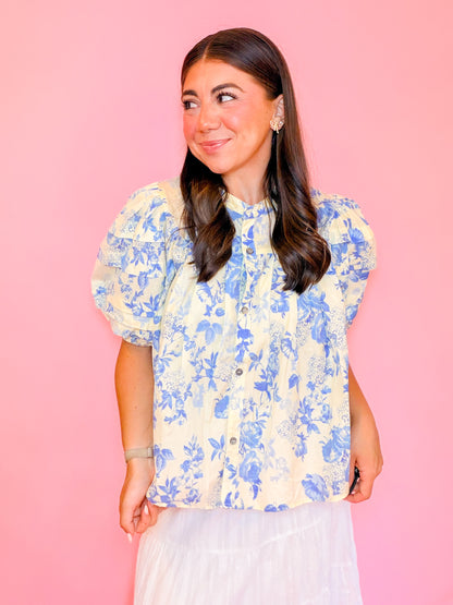PUFF SLV BUTTON DOWN TOP - BUTTER/BLUE