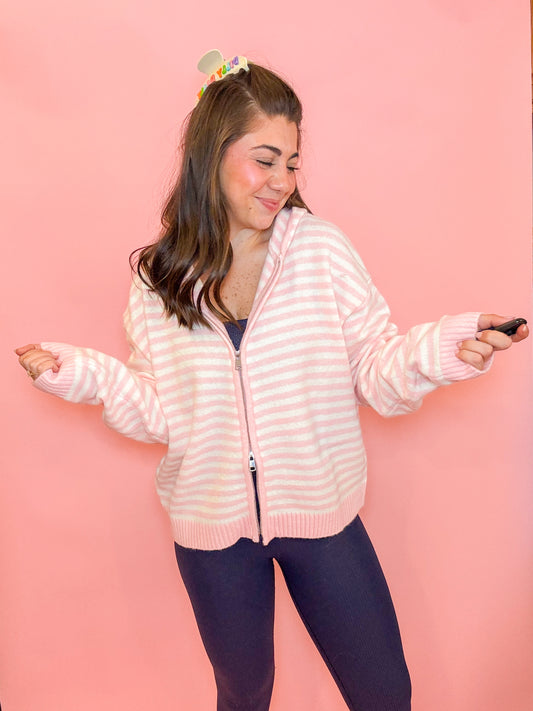 STRIPED ZIPPER OPEN HOODIE SWEATER