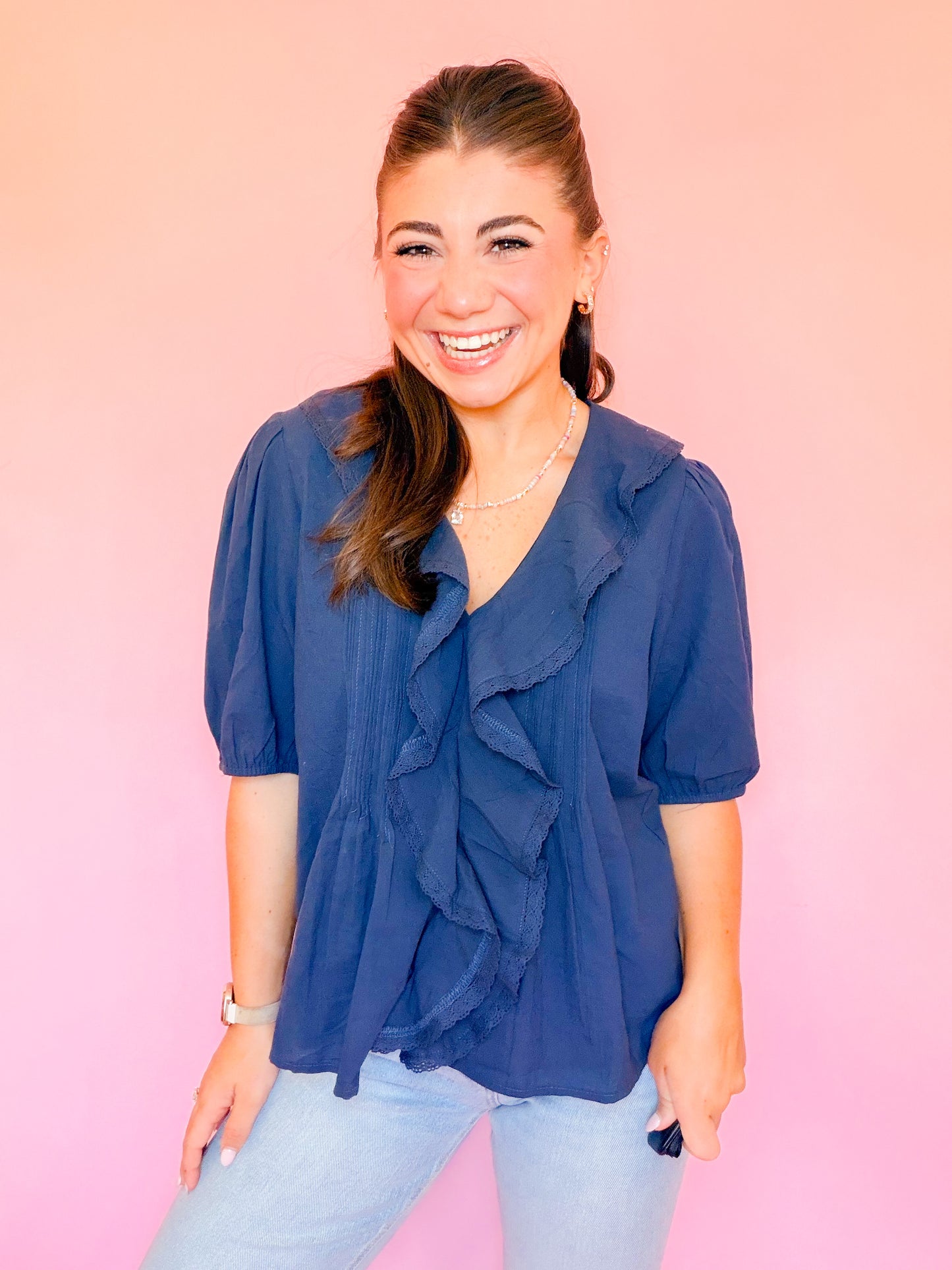RUFFLED COTTON BLOUSE - NAVY
