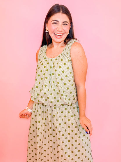 POLKA DOT BUBBLE TANK - OLIVE