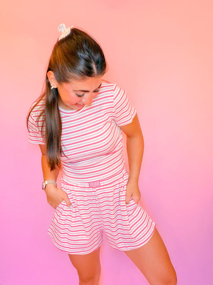 STRIPED RIBBED LOUNGE TOP + SHORTS SET - PINK/ROSE