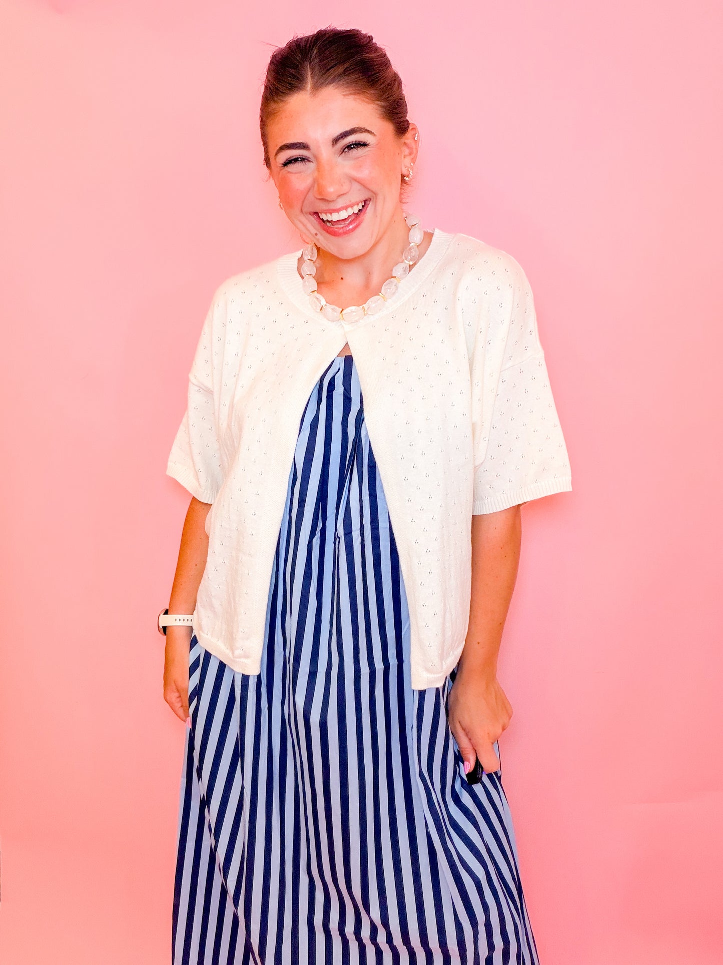 POINTELLE SINGLE BUTTON CARDIGAN - IVORY