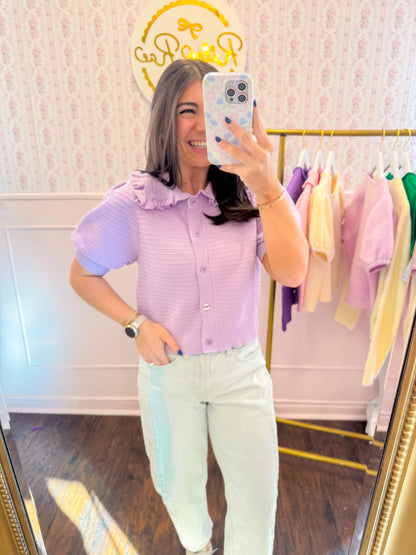 RIBBED KNIT RUFFLE COLLAR TOP - LAVENDER