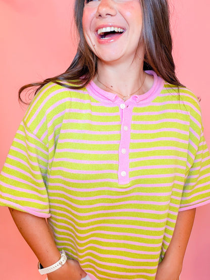 STRIPED HENLEY KNIT TOP - STRAWBERRY/MATCHA