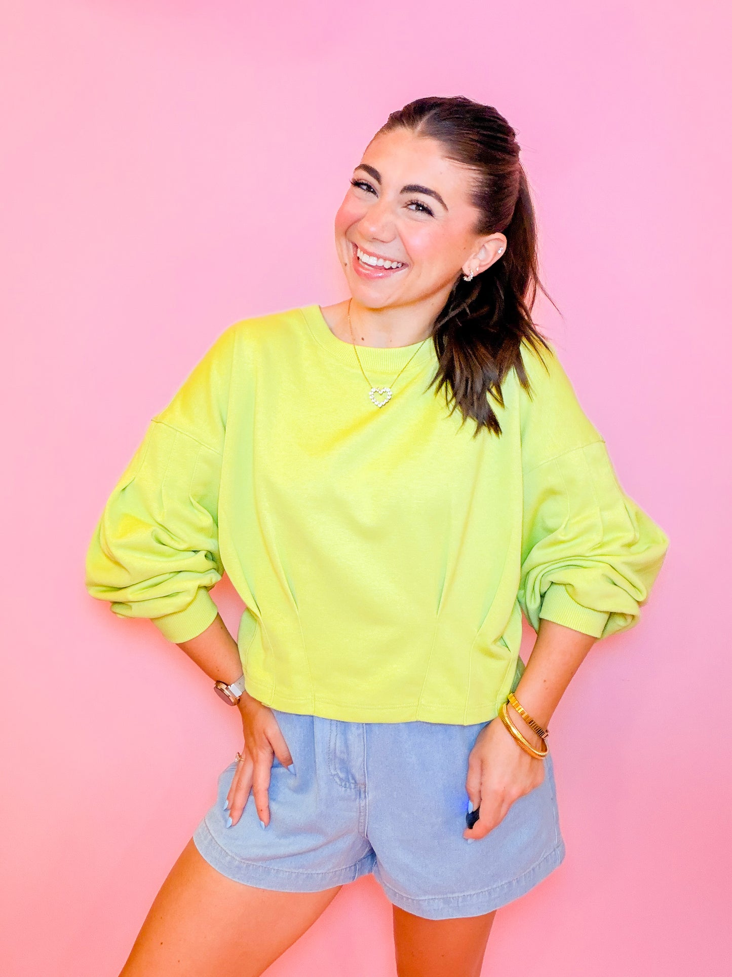 PUFF SLEEVE PLEATED TOP - CHARTREUSE