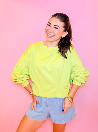 PUFF SLEEVE PLEATED TOP - CHARTREUSE